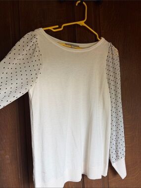 LOFT Cream Knit Top with Sheer Polka Dot Puff Sleeves